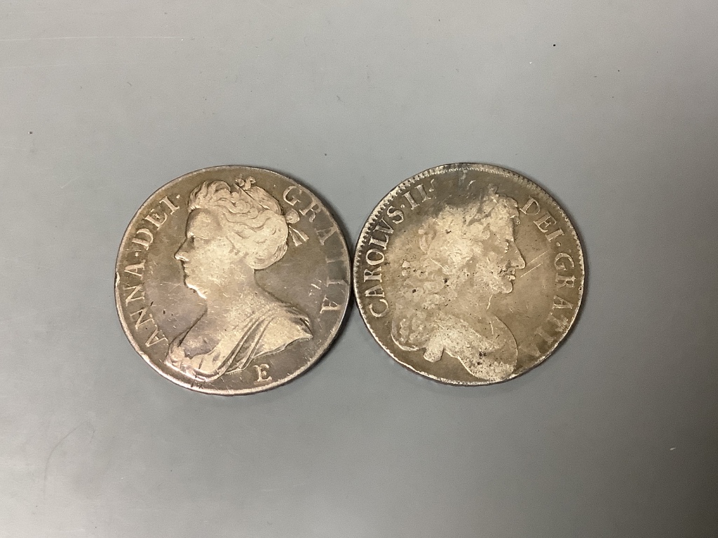 A Queen Anne crown 1707E, Fine and a Charles II crown 1676?, fine